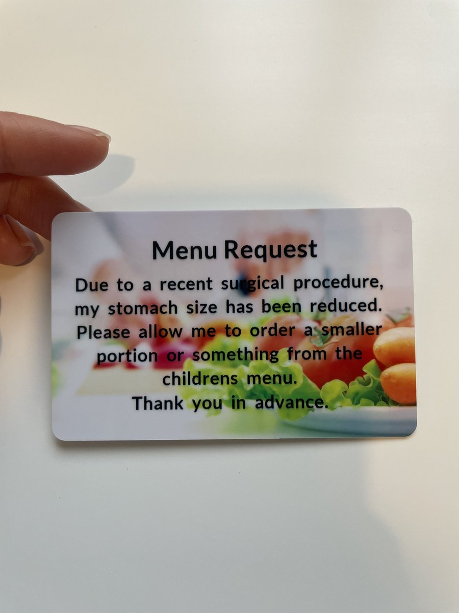 Our Menu Request Card discreetly asks for a smaller portion or children’s menu option—no awkward explanations needed. Perfect for gastric band, sleeve, bypass, or anyone with a reduced appetite.

✔️ Credit-card size
✔️ Biodegradable
✔️ Simple, clear, discreet