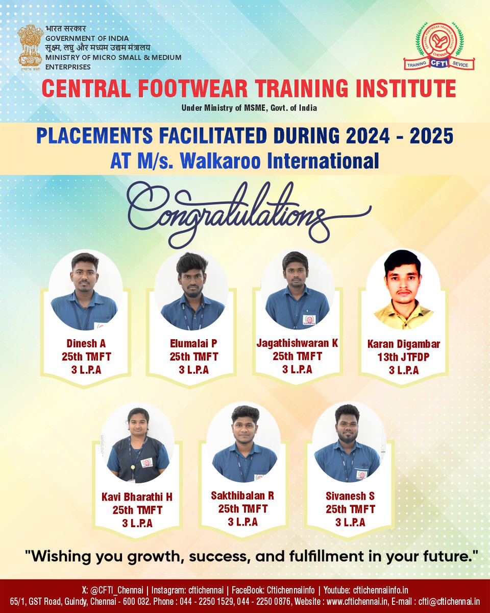 CFTI_Chennai's tweet image. We are proud to announce successful placements facilitated during 2024–2025 at Walkaroo International! Congratulations to our placed students — your hard work has paid off. Wishing you growth, success, and fulfillment in your future. 🎉👟

#Placements #SuccessStories #CareerStart