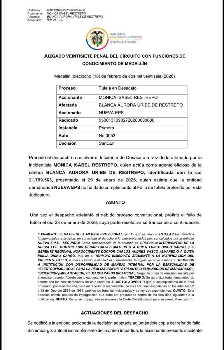 ricarospina's tweet image. Atención: Un juez de Medellín ordenó “carcelazo” de 48 horas para el interventor de la @NuevaEPS_ Luis Oscar Galves Mateus, por desacato a una tutela que ordenaba atención urgente por especialista a una paciente con problemas cardiacos. Vía @BLUAntioquia @BluRadioCo