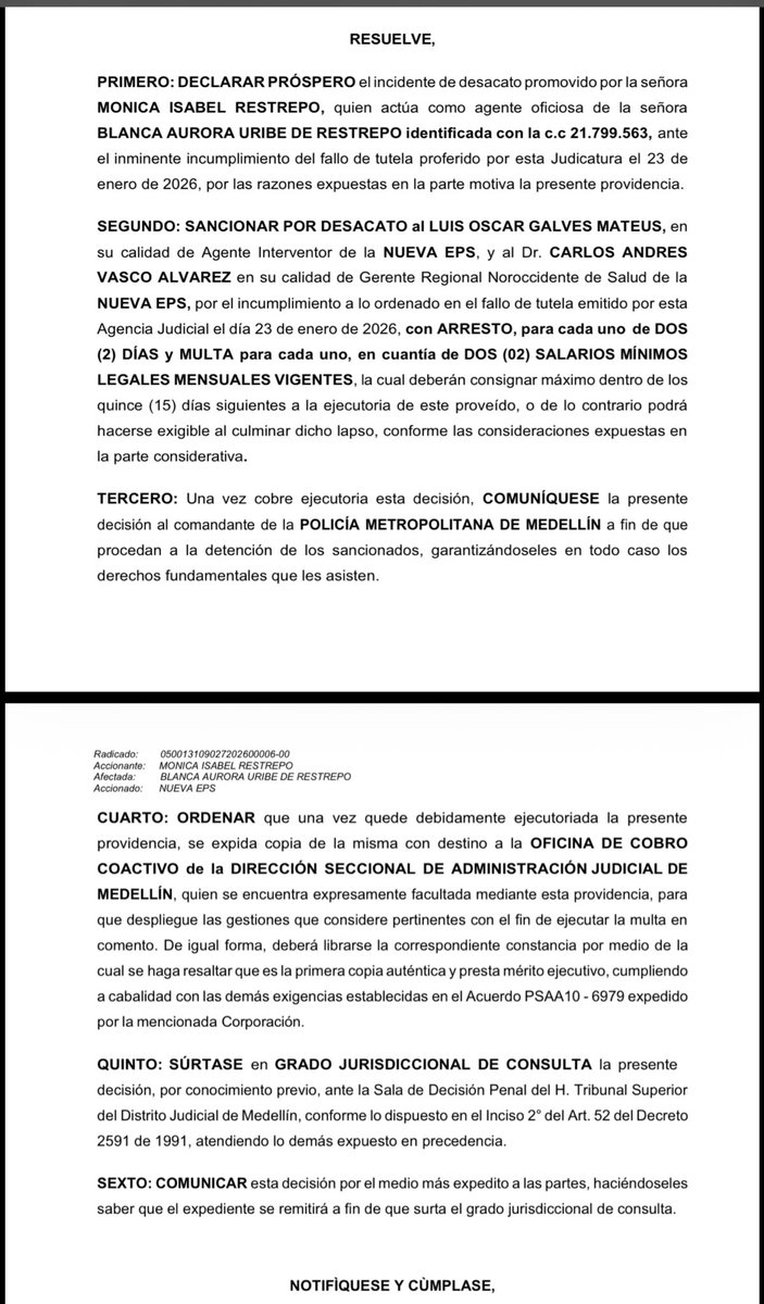 ricarospina's tweet image. Atención: Un juez de Medellín ordenó “carcelazo” de 48 horas para el interventor de la @NuevaEPS_ Luis Oscar Galves Mateus, por desacato a una tutela que ordenaba atención urgente por especialista a una paciente con problemas cardiacos. Vía @BLUAntioquia @BluRadioCo