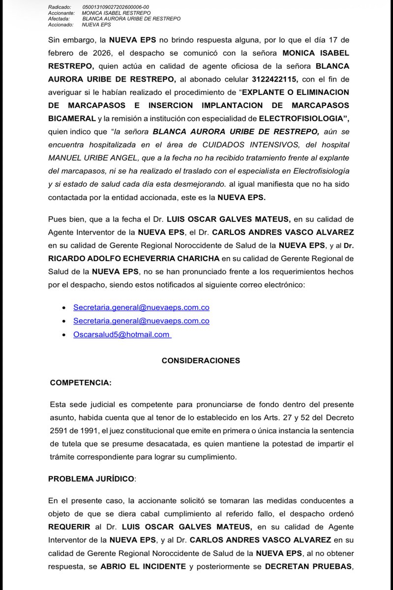 ricarospina's tweet image. Atención: Un juez de Medellín ordenó “carcelazo” de 48 horas para el interventor de la @NuevaEPS_ Luis Oscar Galves Mateus, por desacato a una tutela que ordenaba atención urgente por especialista a una paciente con problemas cardiacos. Vía @BLUAntioquia @BluRadioCo