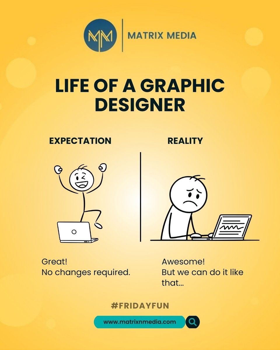 MatrixMediaSol's tweet photo. Behind every “perfect design” is a designer juggling creativity, deadlines… and just one more change.

Expectation vs reality — and every graphic designer can relate to this!

#FridayFun #MatrixMedia #CreativeLife #GraphicDesignerLife #DesignHumour #AgencyLife #CreativeAgency https://t.co/zQ7Grp4B8K