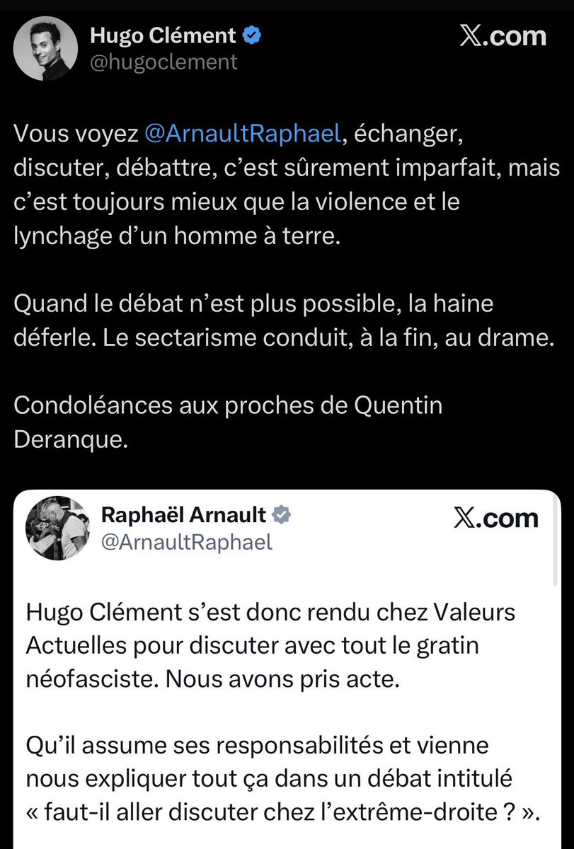 Tu parles de débattre  <a href="/hugoclement/">Hugo Clément</a> mais tu as bloqué tout ceux qui t’ont rappelé l’époque où tu harcelais ta camarade d’origine marocaine,que tu  lui chantais la  Zoubida et l’appelais "Saddam". 

Fais ton coming out d’extrême droite qu’on passe à autre chose
