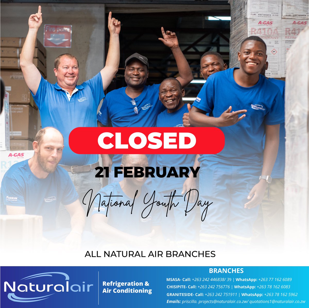 Naturalair_'s tweet photo. We will be closed this Saturday, 21 February, to celebrate National Youth Day!

We’ll be back online and ready to help you on Monday, 23 February.

For any urgent inquiries or emergencies while we’re away, please reach out directly to your usual sales contact. https://t.co/XOoP0hX6YK
