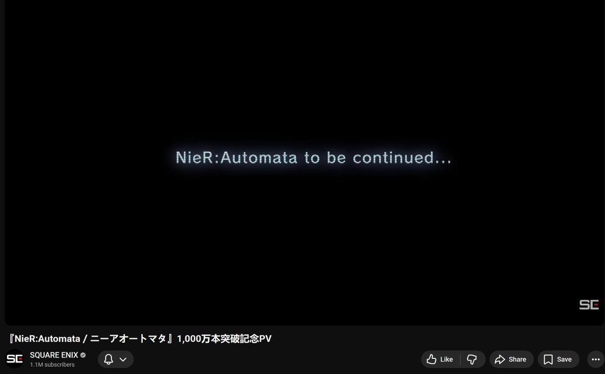 TropicalMaku's tweet photo. Square Enix ended their 10 million game sales milestone video with "NieR: Automata to be continued..."

What does this mean?? New Yoko Taro game coming?? The anime also had an interesting new ending sooo this is very strange.
https://t.co/t4RB9cf0zi https://t.co/wyXA6cxWRQ