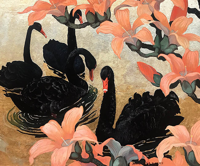 Jessie Arms Botke: “ Black Swans and Hibiscus”.