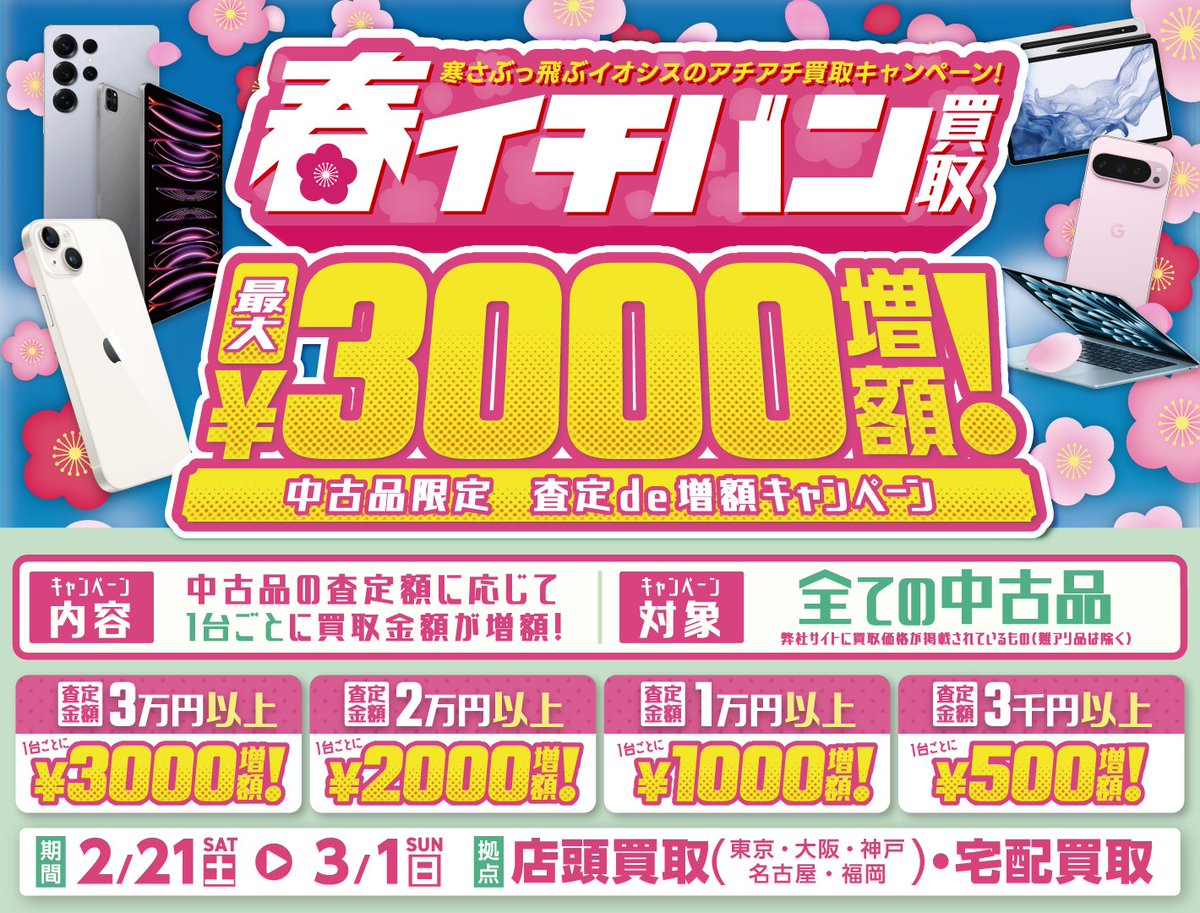 🌸2月末に早咲きするイオシス🌸

月曜が祝日なんで
満開…とまではいきませんが
咲きます

🟥魁(さきがけ)！！決算セール
開催期間:2/21(土)〜2/23(月)
iosys.co.jp/special/sale/2…
🟥春イチバン買取キャンペーン
開催期間:2/21(土)〜3/1(日)
k-tai-iosys.com/campaign/sprin…

ぜひ、ご利用ください🌸

#イオシス