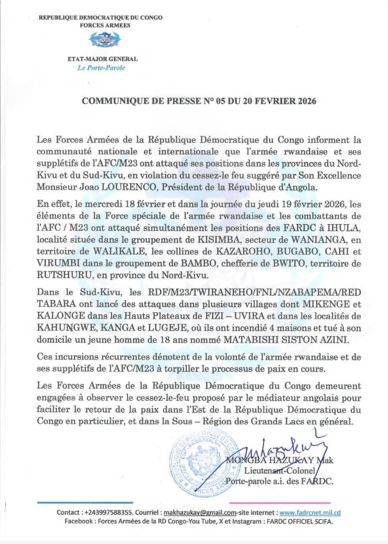 FARDC_officiel's tweet photo. Communiqué de Presse des @FARDC_officiel numéro 5 du 20 février 2026 . @Com_mediasRDC https://t.co/f0qCp52iD8