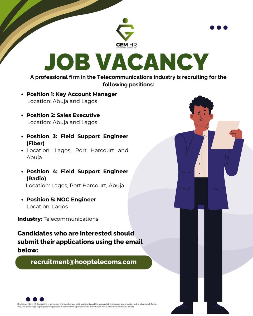 gem_hr's tweet photo. 🔥Urgent Hiring: Vacant Positions to fill!🌟Location: Nigeria.💌APPLY: recruitment@hooptelecoms.com⏳Act fast—this opportunity won't last! 👥 Know someone ideal? Tag them! #salesexecutive #salesexecutivejobs #fieldsupport #FieldSupport #AccountManager #telecomunicaciones #nigeria https://t.co/EPrPkQyNQ3