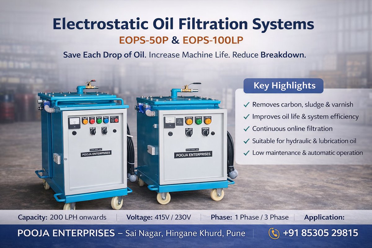 Digitailmagic's tweet image. POOJA ENTERPRISES
Manufacturer of Electrostatic Oil Purification Systems
Dirty hydraulic oil increases downtime &amp;amp; maintenance cost.
📞 +91 85305 29815
📷 Email: enterprisespooja41@gmail.com
#OilFiltration #oilfiltrationmachine #oilfiltration #lubrication