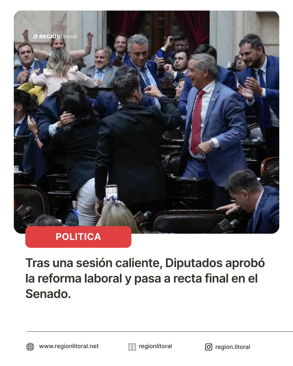 Con 135 votos afirmativos, 115 en contra y sin abstenciones, la Cámara de Diputados aprobó el proyecto de la Reforma Laboral a la medianoche. ➡️ regionlitoral.net/2026/02/diputa…

#reformalaboral #argentina #politica #noticias
