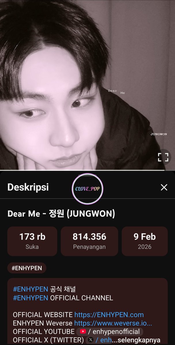 🎧 STREAMING PROOF “Dear Me” – Day 5/10
Ikut challenge 10 hari full 
By : clove_pop <a href="/Clovena69/">~♡ Clove_Pop ♡~</a>
With <a href="/yangjungwon_ina/">ENHYPEN JUNGWON INA 🇮🇩</a>
#DearMe #StreamingParty #JUNGWON 

youtu.be/9uDVag6HP8g?si…