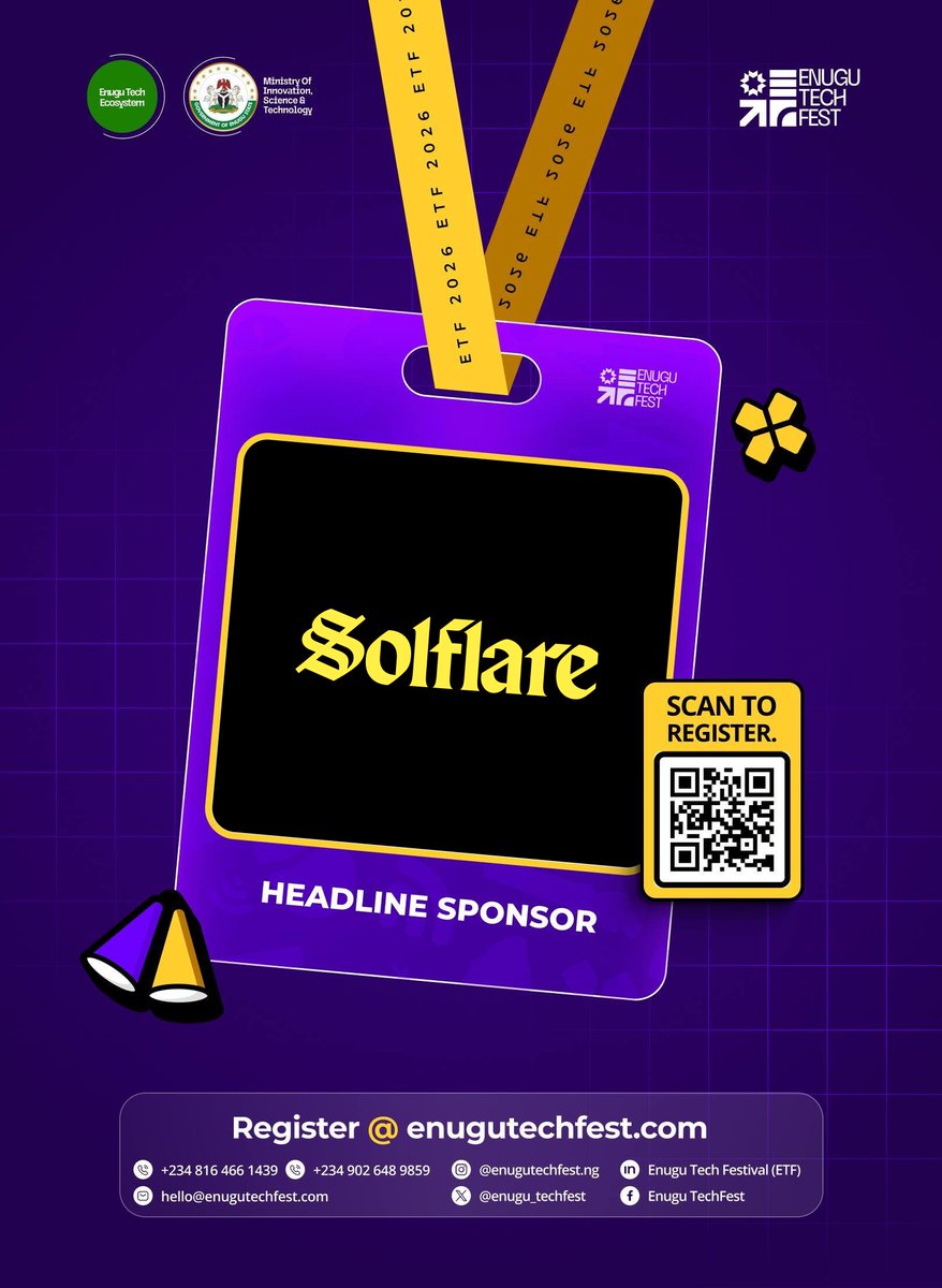 EnuguTechFest1's tweet photo. We’re proud to spotlight @solflare as a Headline Sponsor of ETF 2026. 💥 💥 

As an all-access pass to the Solana ecosystem, @solflare enables users to securely trade, stake SOL, and explore decentralized applications with full control in their hands. Their commitment to secure, self-custodied Web3 participation aligns perfectly with the innovation-first conversations we’re driving at ETF 2026.

Register now for ETF 2026 : https://t.co/kNLurJVovW!