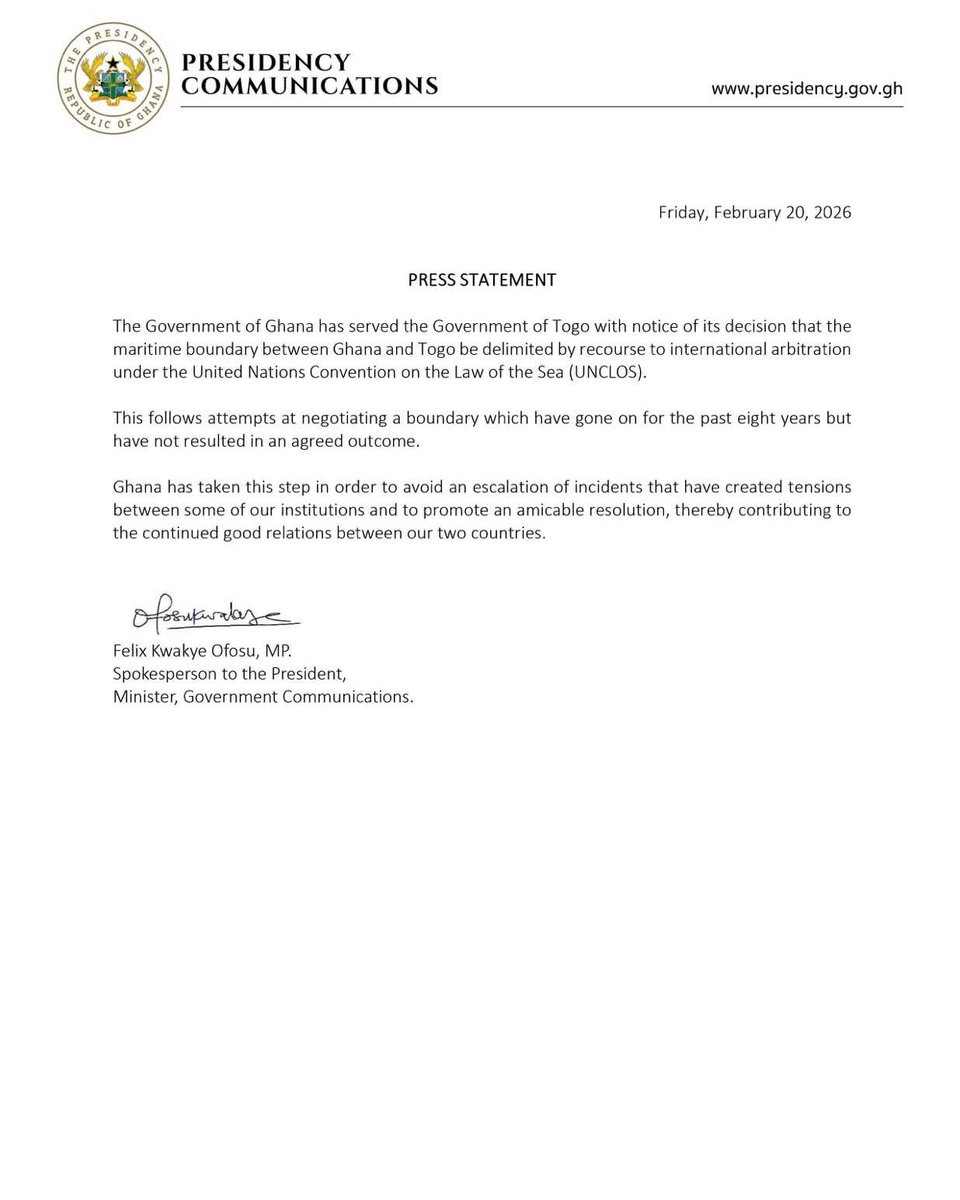Ghana has notified Togo of its decision to seek international arbitration to delimit the maritime boundary between the two countries under the framework of the United Nations Convention on the Law of the Sea (UNCLOS) after eight years of bilateral negotiations which have not
