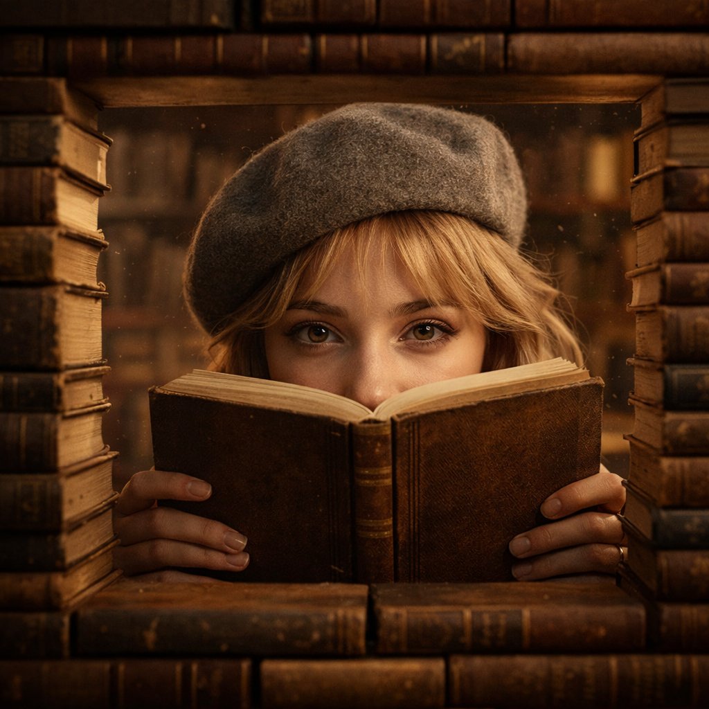 Naiknelofar788's tweet photo. GPT image 1.5 on ChatGPT

Prompt:
Create a Cinematic portrait of a young woman with expressive, observant eyes, wearing a soft grey wool beret. She holds an open vintage book just below her eyes, partially concealing her face, creating a sense of quiet mystery. She is framed by a rectangular window-like opening formed by carefully stacked antique hardcover books, as if peeking through a portal of literature. Warm ambient indoor lighting casts a golden glow across textured paper edges and worn leather spines.2/2 : Dust particles subtly visible in the air. Dark academia aesthetic, intimate library atmosphere, shallow depth of field, creamy bokeh of blurred wooden bookshelves in the background. Ultra-detailed skin texture, natural tones, rich paper grain, cinematic color grading, soft shadows, volumetric light, 8k, photorealistic, high dynamic range.