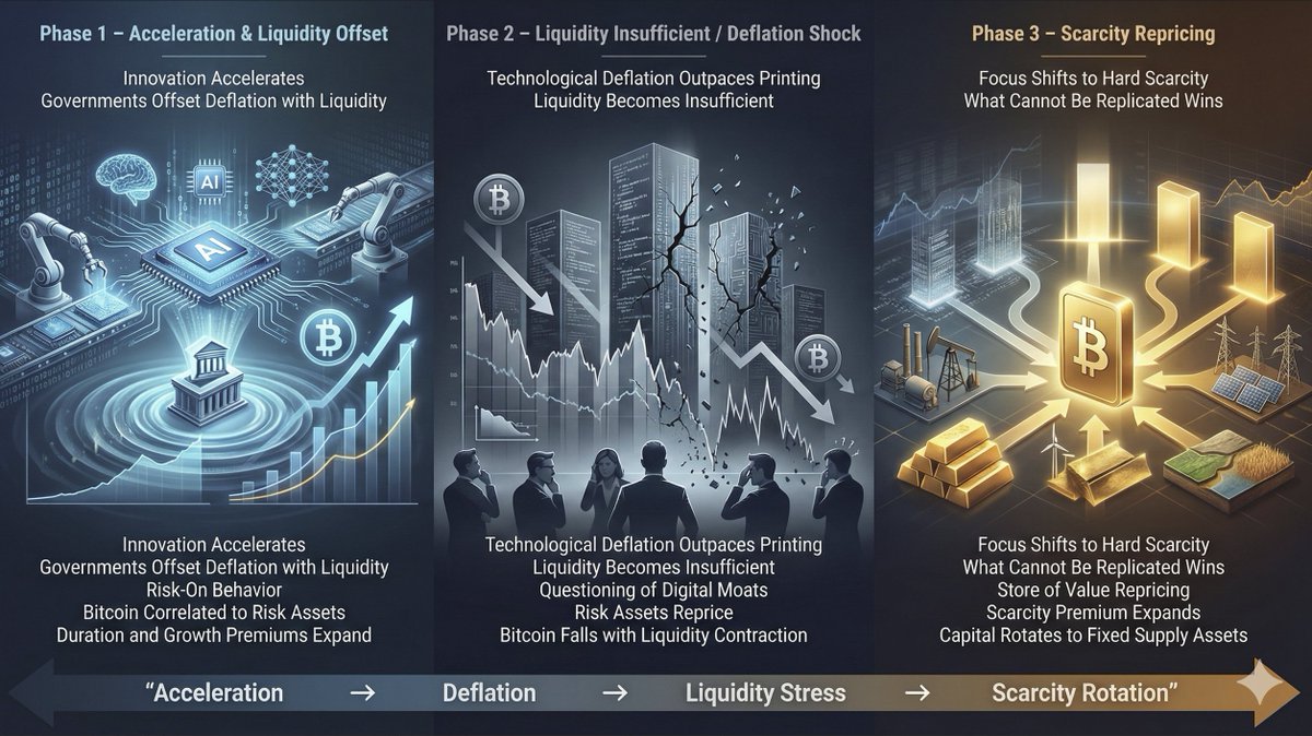 jvisserlabs's tweet photo. In this week's Sunday video (https://t.co/c9hJBCWFf3) I will begin showing this slide each week to remind everyone where we are in exponential innovation.

As the dispersion in equities continues, we are in phase 2 of the AI acceleration as deflationary intelligence abundance destroys valuations of all digital moats and compresses valuations of long-duration assets.  

Phase 3 begins this year as the race to asset scarcity accelerates and now includes digital scarcity.
