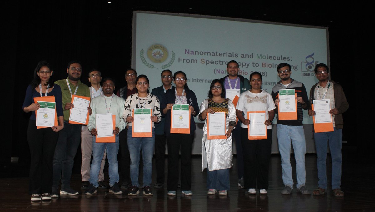 Poster award winners in NaMoSBio 2026 international conference at IISER Kolkata, India (iiserkol.ac.in/~namosbio/) About 60 students presented their posters and 11 of them received the best poster awards from WILEY &amp; RSC.<a href="/AparnaGanguly28/">Aparna Ganguly</a> <a href="/RoySocChem/">Royal Society of Chemistry</a> <a href="/wileyinresearch/">Wiley in research</a> <a href="/PatwariJayita/">JAYITA PATWARI</a>