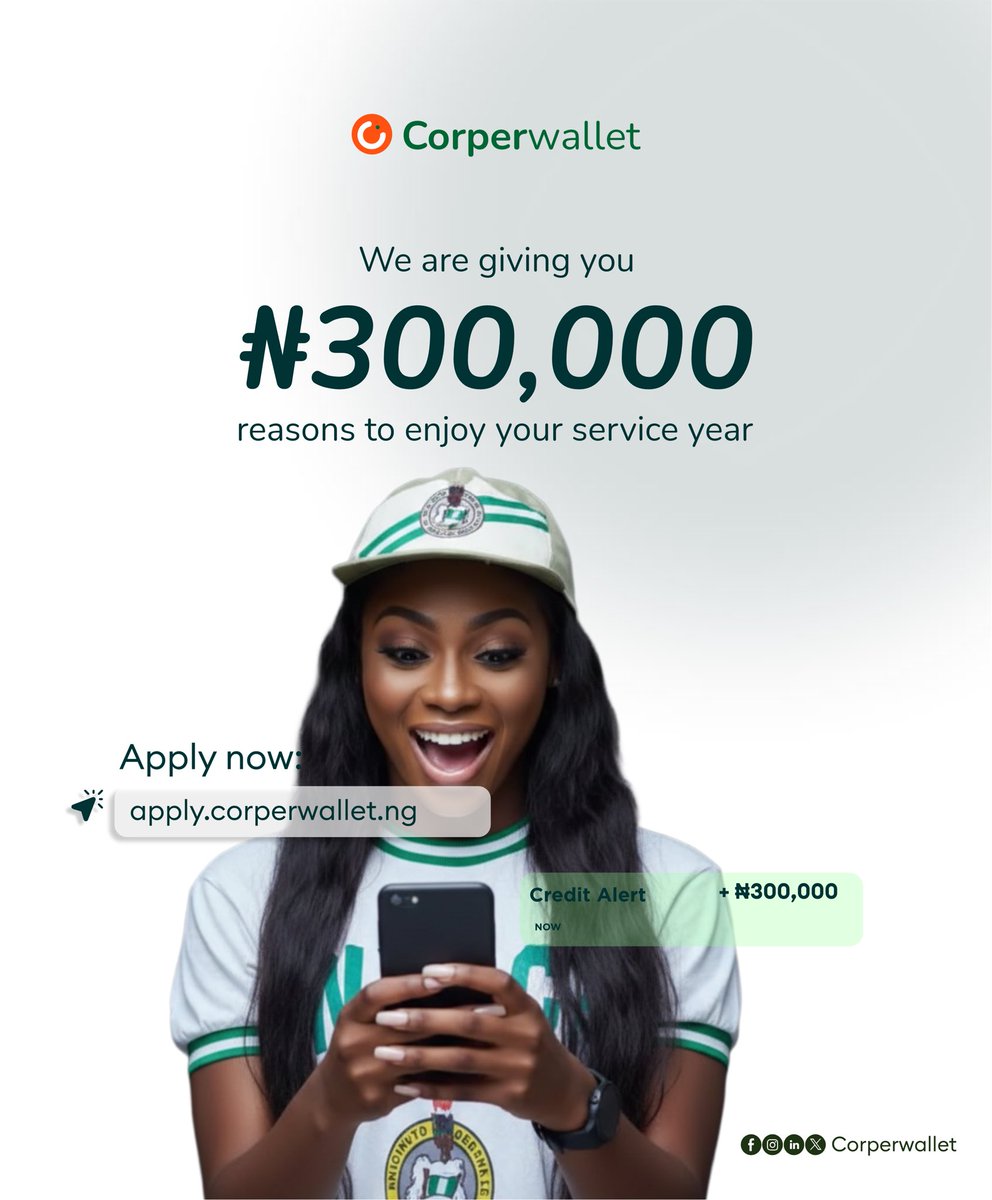 corperwallet's tweet photo. ₦77K allawee vs. unlimited expenses. The math doesn't add up.
 
Corperwallet gives corps members up to ₦300K for transport, feeding, emergencies—pay back with your allawee.
 
Apply now: https://t.co/JbJ1hqo0wW
 
#Corperwallet #NYSCLife https://t.co/vR9L1Lu5nA