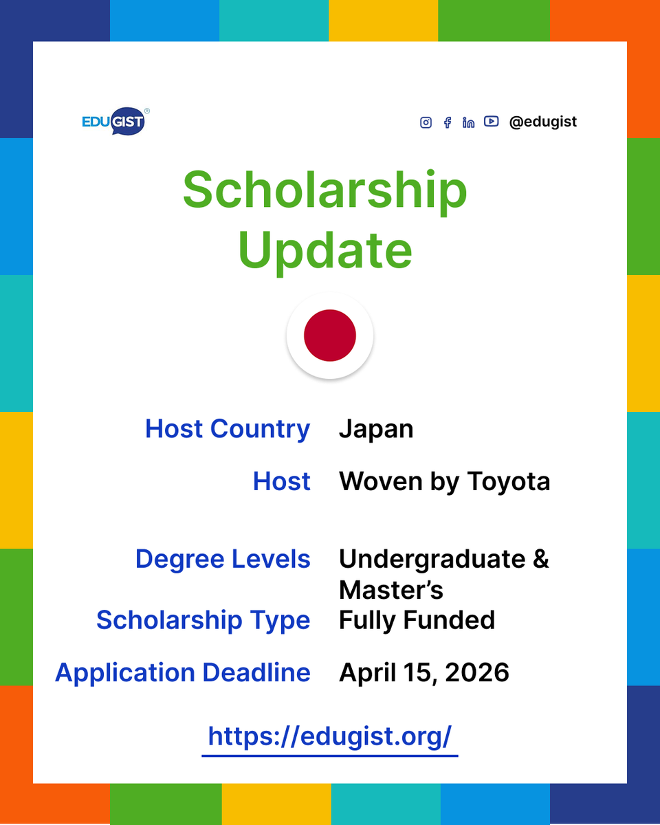 Edugist's tweet photo. 🇯🇵 Toyota Woven Internship 2026 Fully Funded 3 month internship with Woven by Toyota (living stipend, flights, visa & accommodation covered).
Apply here 🔗 https://t.co/8ADkEbx5wl
#ToyotaWoven #InternshipInJapan #FullyFunded #GlobalOpportunities #StudentInternship https://t.co/uEnahadMcE