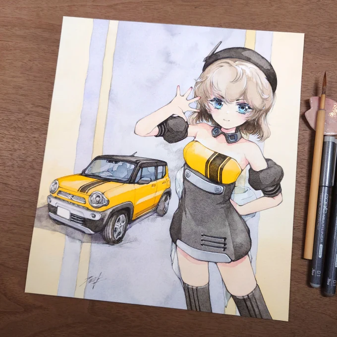 様のご依頼で、ハスラー(MR41S、Xターボ)と、その #車擬人化 を描かせていただきました。ありがとうございました! ちょっと生意気なかんじで、とのリクエスト。ボンネットの黒ストライプやルーフの黒ツートンなどをモチーフにデザインしました。 透明水彩・色紙サイズ