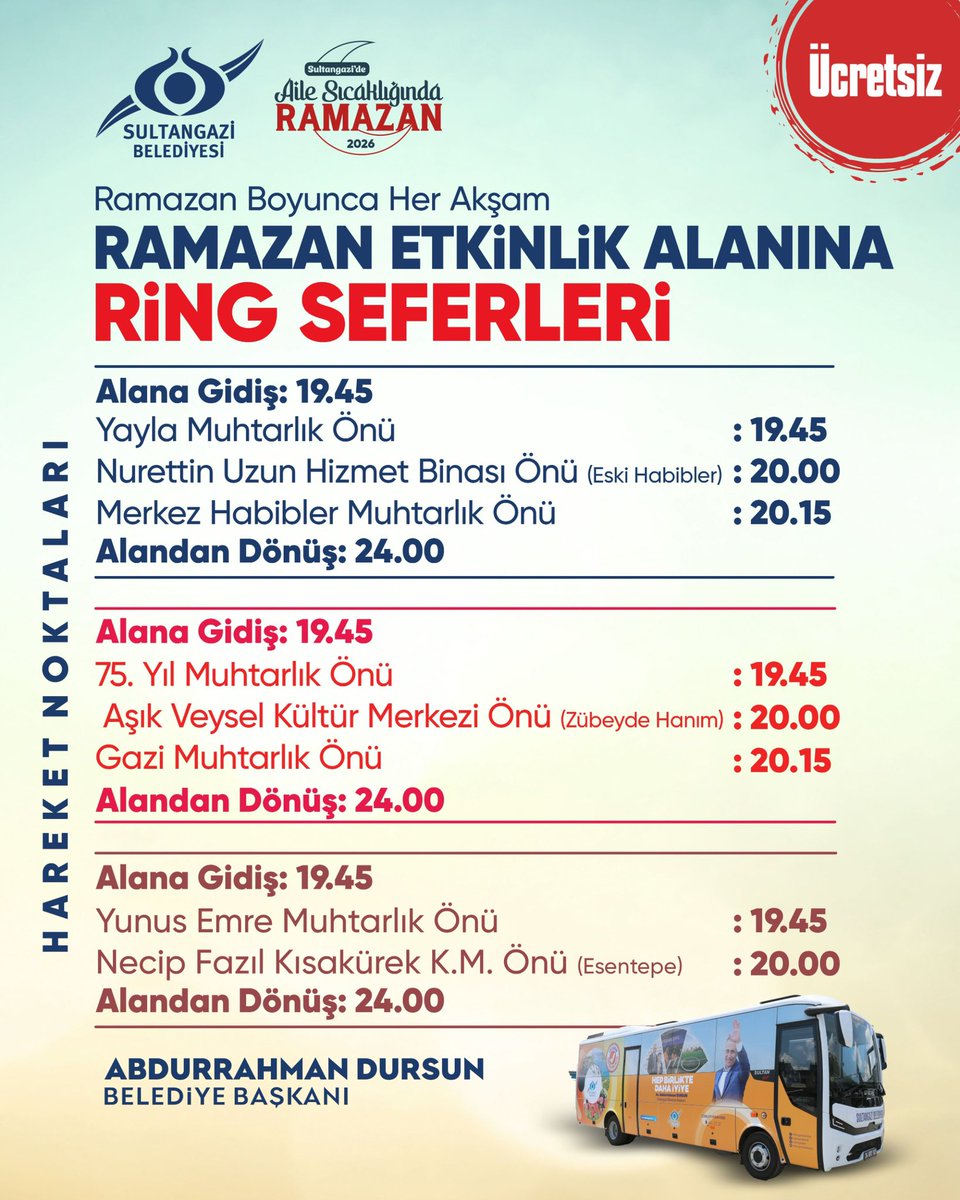 sultangazibeled's tweet photo. Aile Sıcaklığında Ramazan, 
Sultangazi’de Yaşanır. 🌙😊

Ramazan boyunca her akşam, komşularımızın etkinlik alanına ulaşımını kolaylaştırmak için ücretsiz ring seferlerimiz hizmetinizde. 🚌

Detaylar tasarım üzerinde mevcuttur. 👋 https://t.co/CU9qBAyrJF