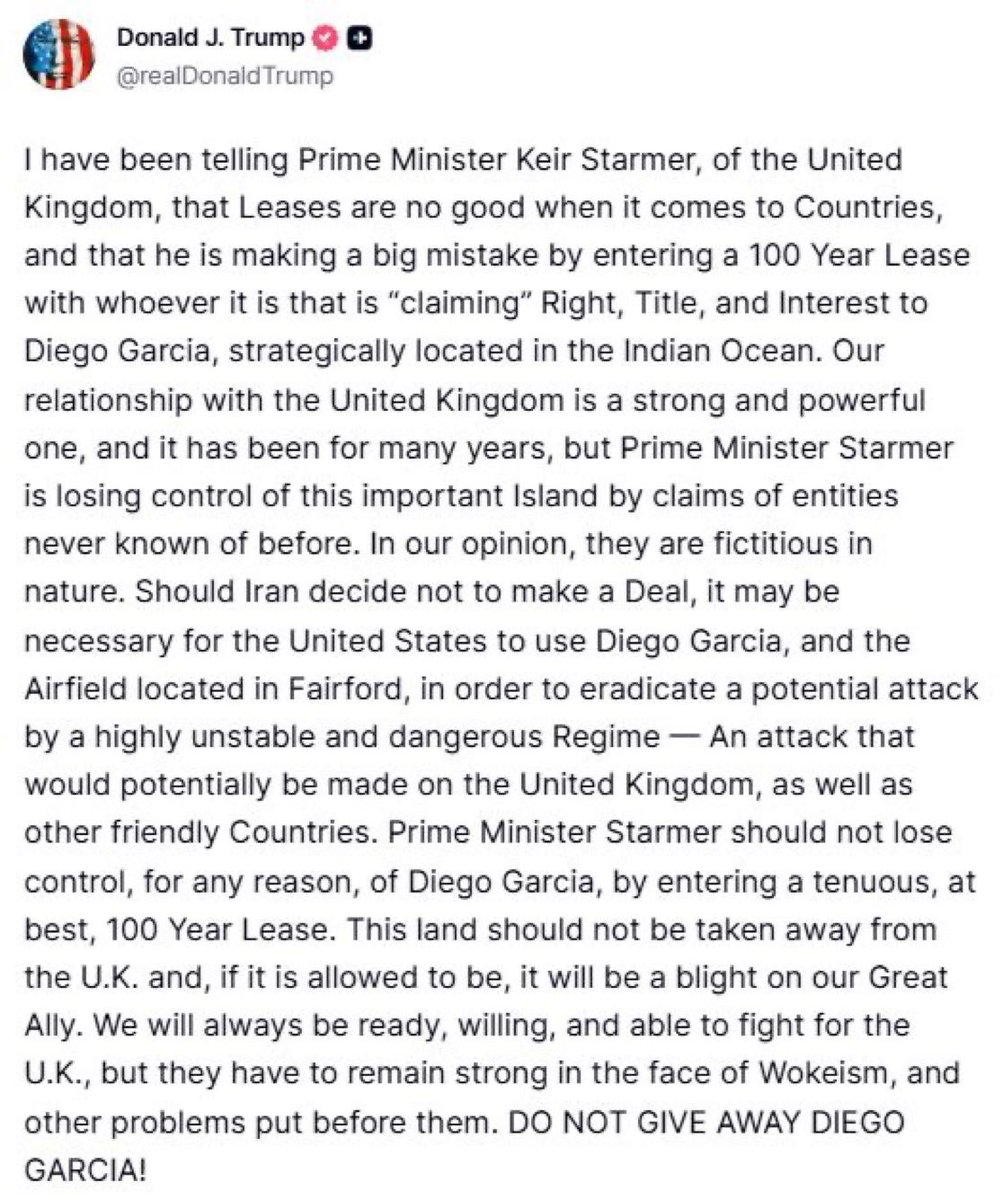 Paying to give away the Chagos Islands was always a monumentally stupid idea.

The Prime Minister shouldn't have needed a foreign leader to tell him so.

It’s embarrassing to have Keir Starmer represent us across the world. We deserve so much better.