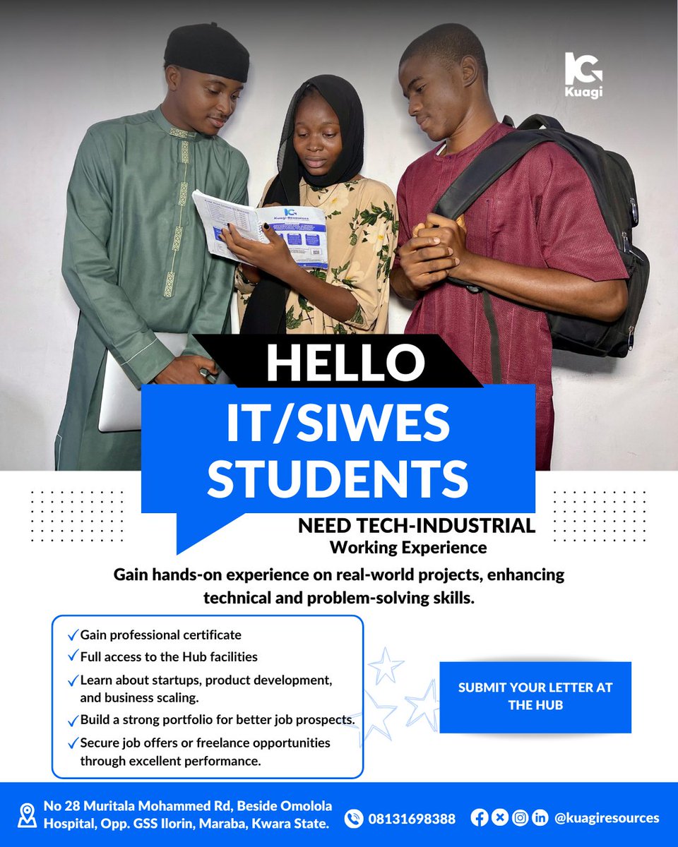 Looking for where to do your SIWES / Industrial Training in Ilorin?

Kuagi Resources is now accepting SIWES students ready to gain hands-on tech skills and real experience.

Visit the hub to submit your SIWES form and apply.

#SIWES #Ilorin #Kwara #IlorinTech #KuagiResources