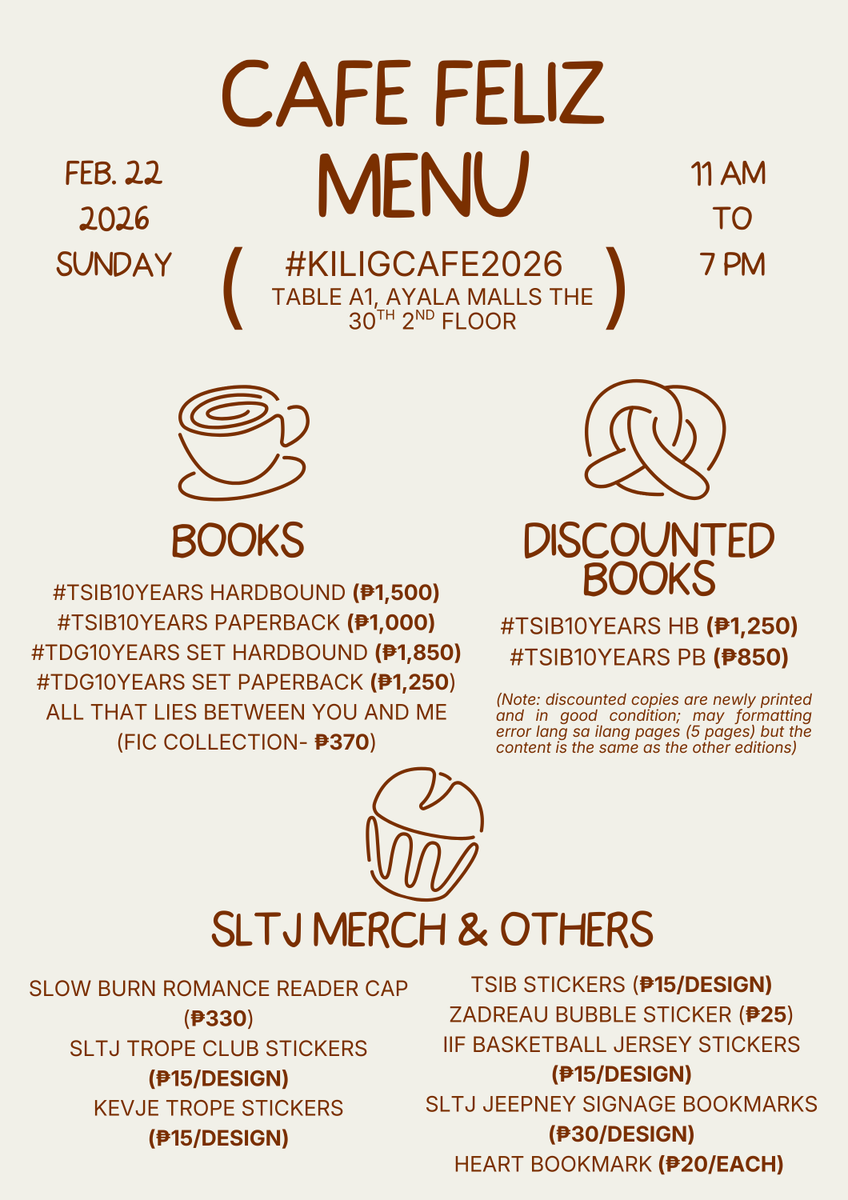 kitakits sa sunday mga suki! 

#KiligCafe2026 menu ni leng (aka shirlengtearjerky)

MOP: Gcash, Maribank, BPI (if cash pls prepare exact amount baka wala ako panukli haha!)
