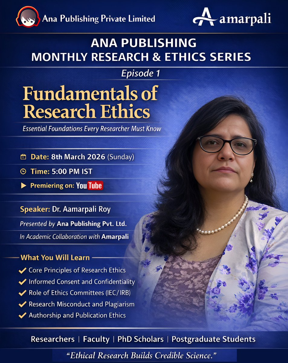 anapublishingp1's tweet photo. 🔔 Subscribe to the channel and set your reminder.
#ResearchEthics #AcademicIntegrity #PublicationEthics #PhDLife #FacultyDevelopment #ResearchScholars #HigherEducation #EthicalPublishing #AnaPublishing #Aamarpali https://t.co/O0rmT9Wl4Y