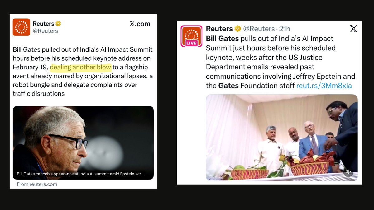 Pretty telling that <a href="/Reuters/">Reuters</a> thinks an Epstein-linked Bill Gates being quietly asked to pull out of India's AI Summit is somehow a 'blow' to the Summit rather than a blow to him.

Basically, Reuters saying even alleged sex offenders are kosher if the target is India.