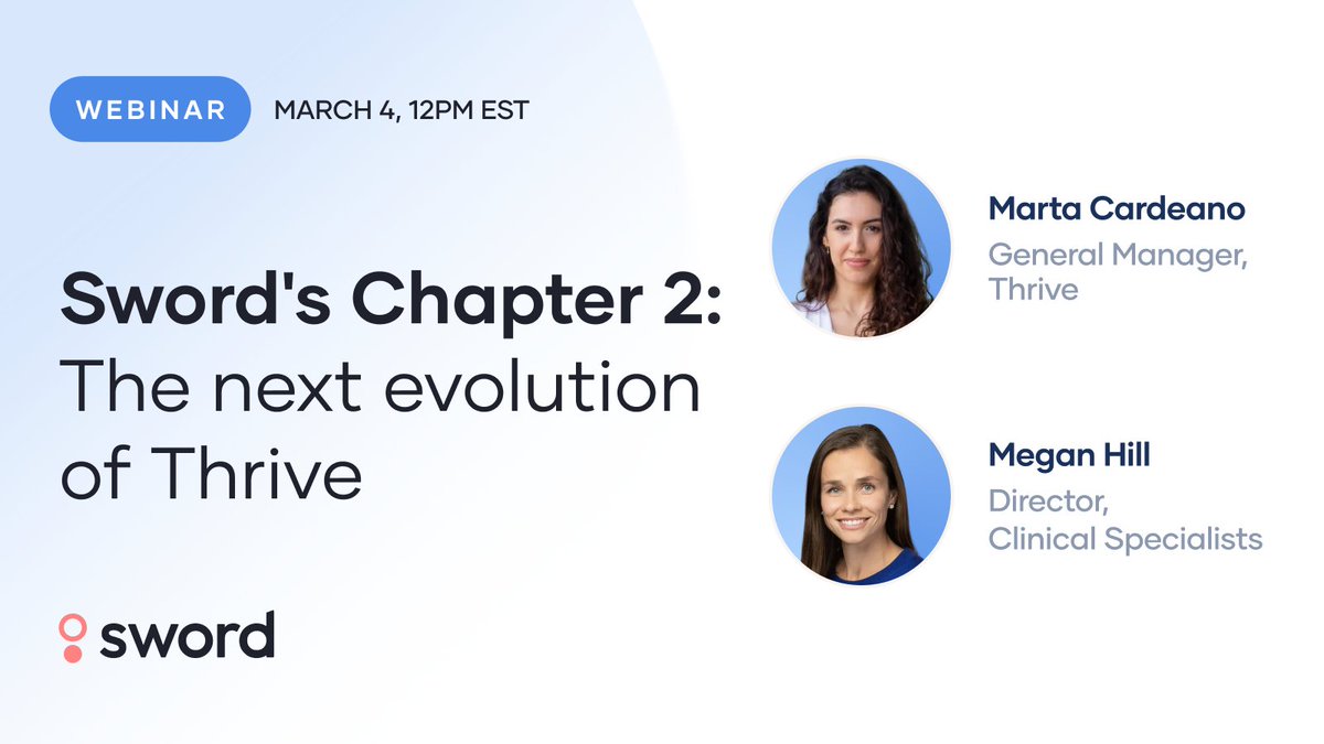 Yesterday we introduced several new features to Thrive, including 3-way chat, Vision AI, and a more powerful Phoenix. On March 4th, we’ll go a level deeper with a live walkthrough of the launch. Register here: swordhealth.com/webinars-and-e…

Join Marta Cardeano and Megan Hill as they