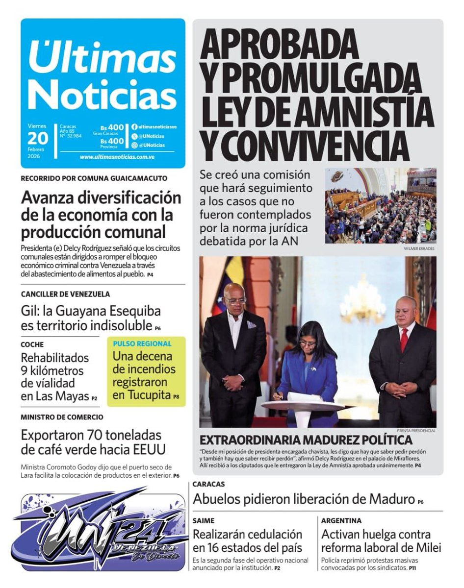 UNoticias's tweet image. 🤚 ¡Buenos días! Presentamos nuestra #PortadaDelDía🗞️ 
#ÚltimasNoticias #20Febrero

📲 Visita nuestro portal web ultimasnoticias.com.ve