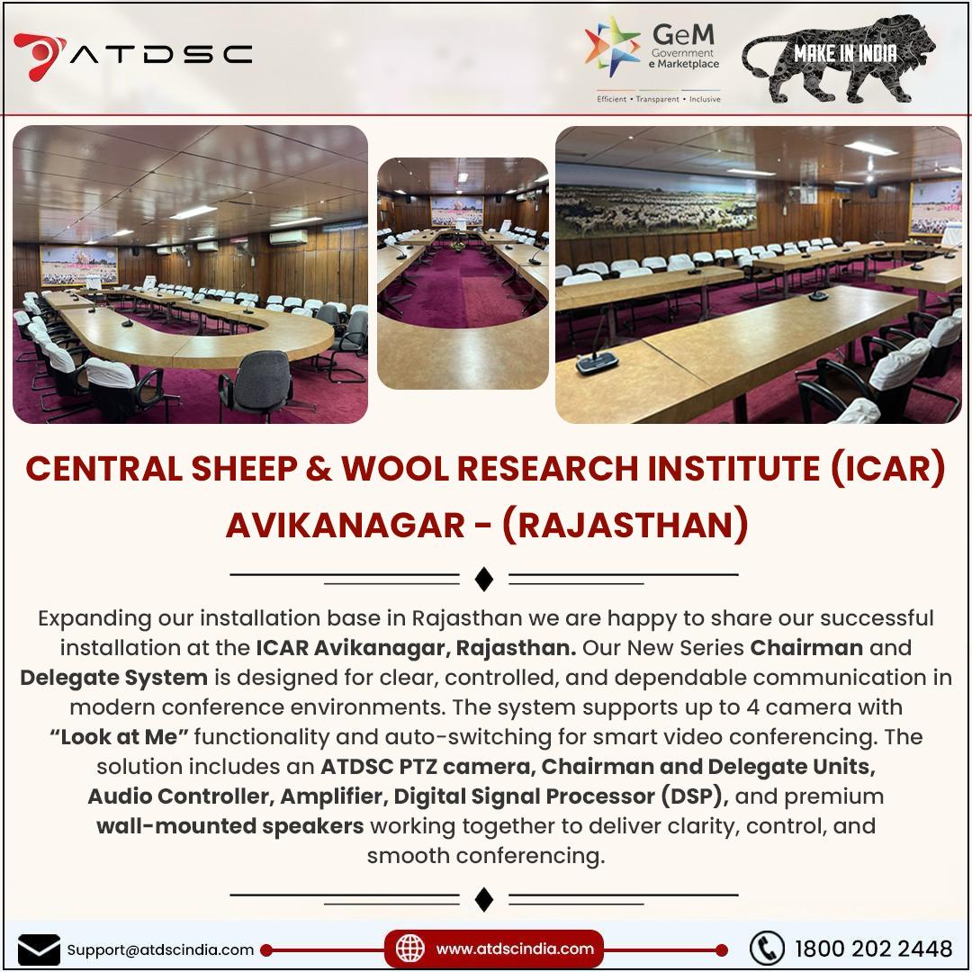 _atdsc's tweet photo. We are proud to announce the successful installation of our advanced Conference Solution at ICAR – Central Sheep &amp; Wool Research Institute, Avikanagar (Rajasthan).🎤
🌐 https://t.co/VjskNbYAYX
📞 18002022448
#ATDSCIndia #ICAR #ConferenceSolutions #AudioVisual #PTZCamera #GeM https://t.co/QFDhNwm9Io