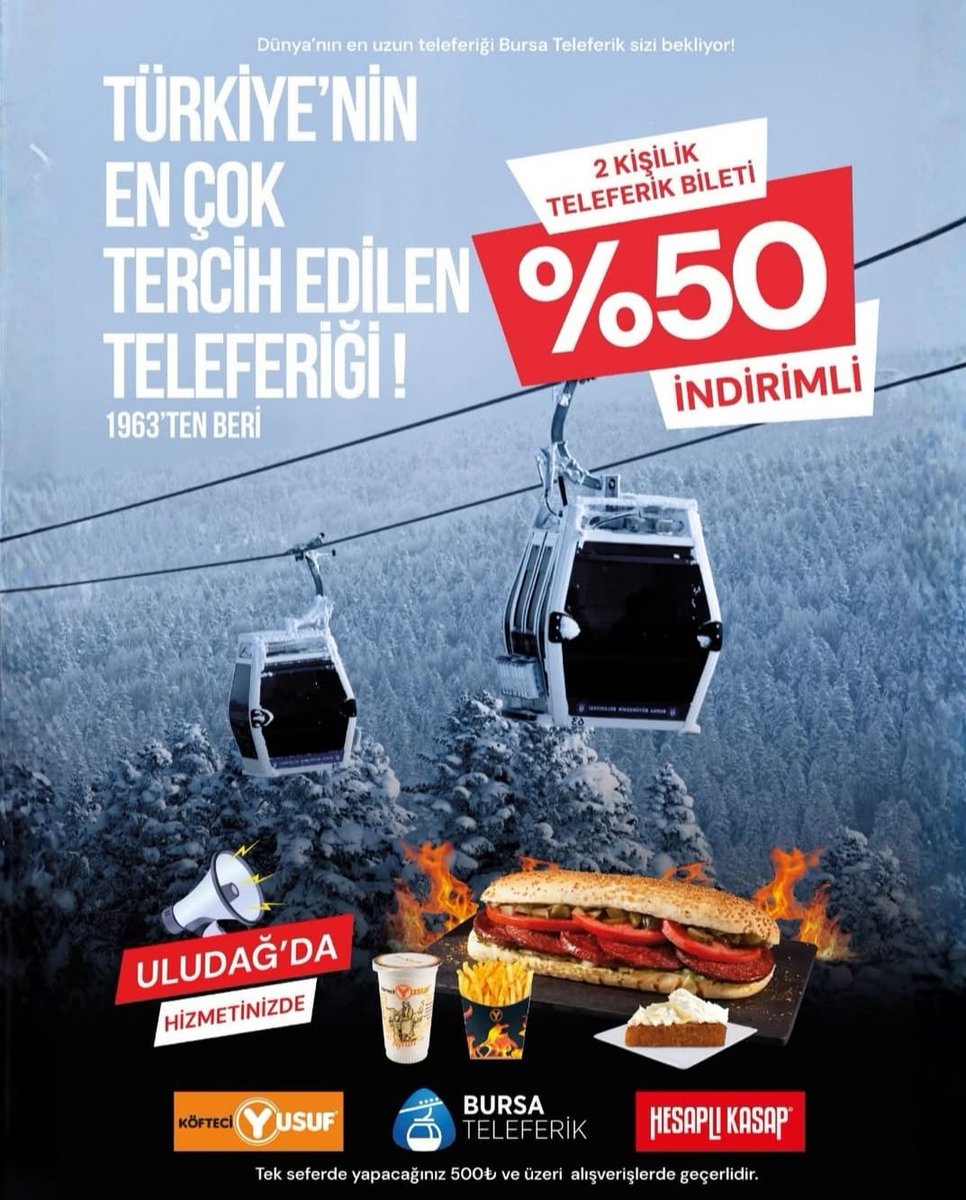 Köfteci Yusuf'tan dev işbirliği
Tüm ülkedeki Köfteci Yusuf şubelerinden yapacağınız 500TL ve üzeri alışverişlerde iki kişilik Bursa teleferik bileti %50 indirimli
#iznik #bursa <a href="/kofteciyusuftr/">Köfteci Yusuf</a>