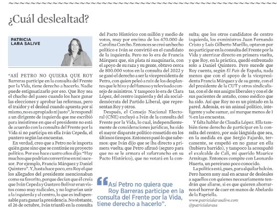 “En verdad,creo que a Petro no le importa quién gane sino que continúe su proyecto político”Patricia Lara.
“Tenemos que volver a hacer ganar el programa de este gobierno y mejorarlo”Gustavo Petro.
Es posible con ⁦<a href="/RoyBarreras/">Roy Barreras</a>⁩