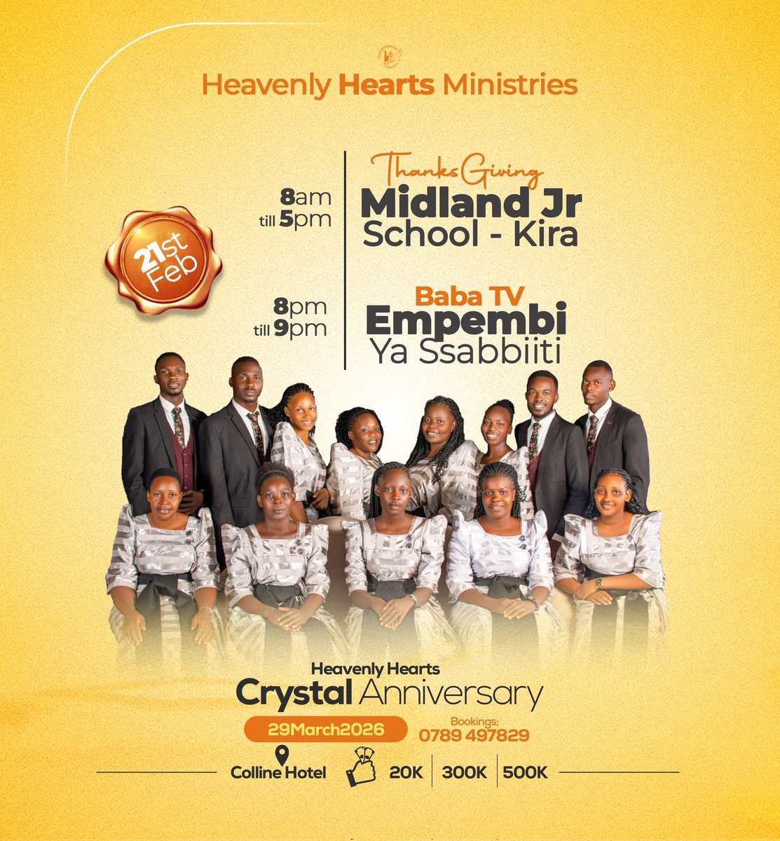 hhm256's tweet photo. A mesmerizing thanksgiving Sabbath service with our sponsors, Midland Junior School- Kira.

And don’t forget to tune in to Baba TV for Empembi Ya Ssabbiiti at 8pm. 📺 

Have you secured your seat for the Crystal Anniversary?

#29March2026
#HeavenlyHeartsMinistries https://t.co/U8dRGNgPcE