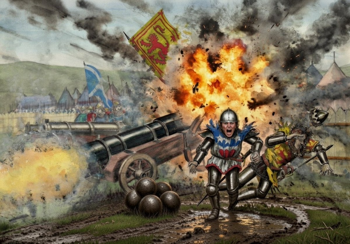 andrewsp2009's tweet photo. King James II of Scots was inspecting a cannon at the siege of Roxburgh Castle in 1460. Part of the gun broke off while firing and hit James, ".at the sege of Roxburgh, and unhappely was slane with ane gun the quhilk brak in the fyring,. #RoxburghCastle https://t.co/11jOFCwxUF