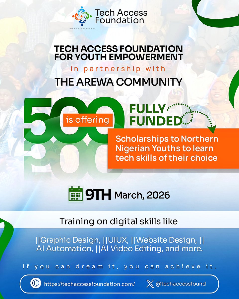 Tech Access Foundation for Youth Empowerment (<a href="/Techaccessfound/">Tech Access Foundation For Youth Empowerment</a>), an initiative born out of the 10K Laptops Project, is proud to announce a new partnership with the Arewa community (<a href="/ArewaTwiter/">Arewa Twittér</a>) to train 500 Northern Nigerian youths in tech skills of their choice,completely free