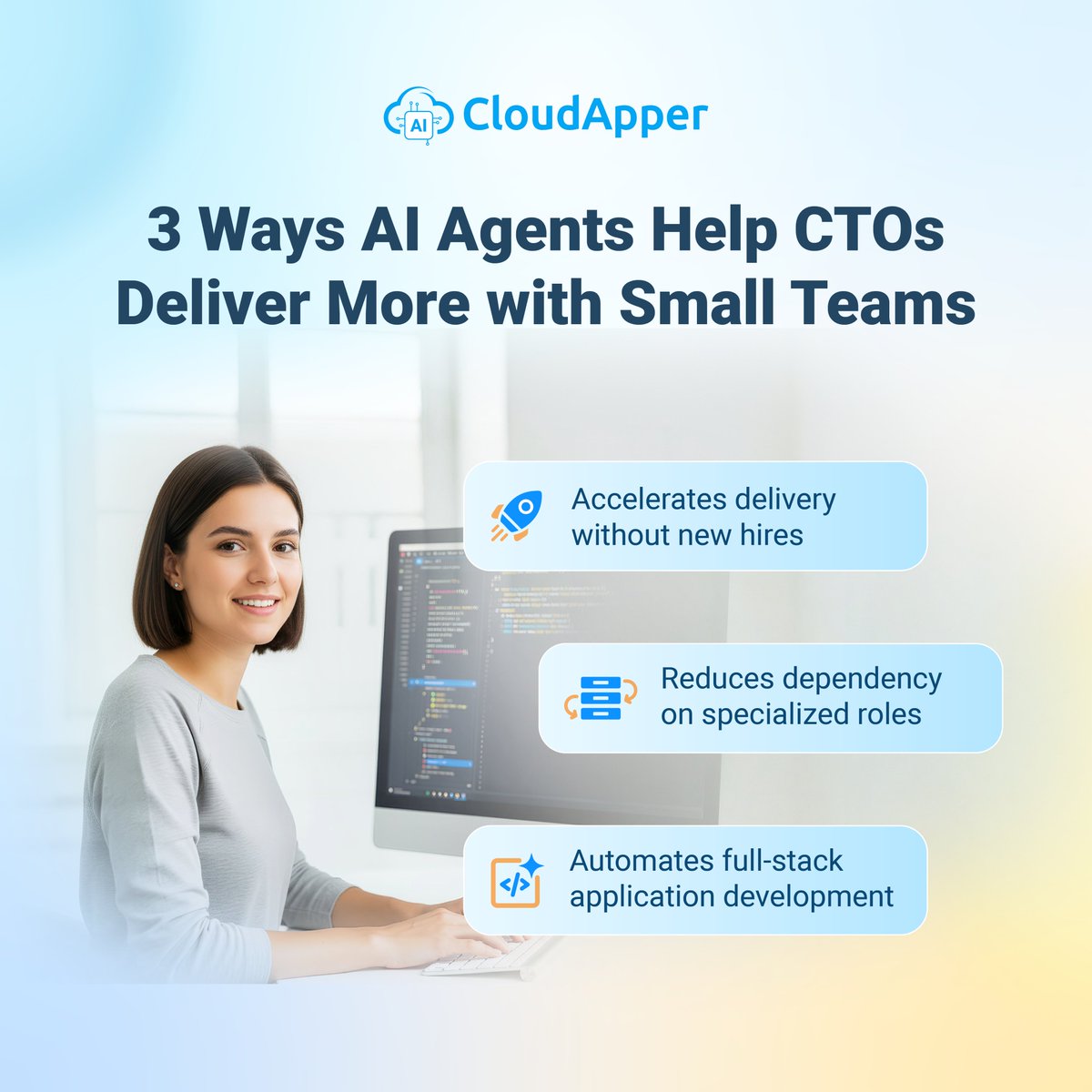 CloudApperAI's tweet photo. What if your team could ship more without adding headcount?

#CloudApper #AIDevAgent™ helps CTOs build faster, cut reliance on niche roles, and automate full-stack work.

Where would you use AI first in your roadmap? Tell us below 👇👇 https://t.co/J41yfItP1m