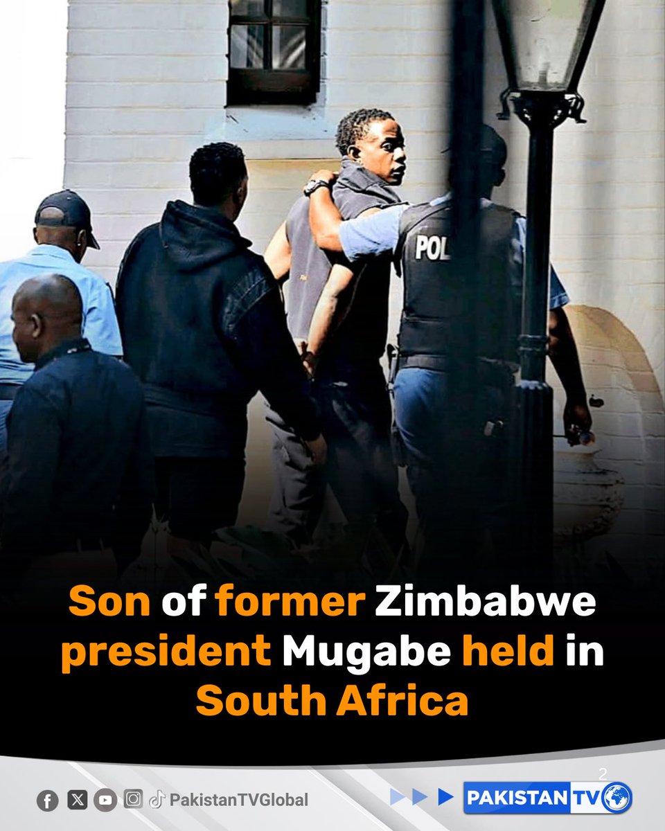 PakTVGlobal's tweet photo. Bellarmine Chatunga Mugabe, son of former Zimbabwean president Robert Mugabe, was arrested in South Africa following a shooting incident at his residence. Two suspects have been charged with attempted murder as investigations continue.

#RobertMugabe #SouthAfricaNews #ZimbabwePolitics #CrimeUpdate #PakistanTV #PakistanTvglobal