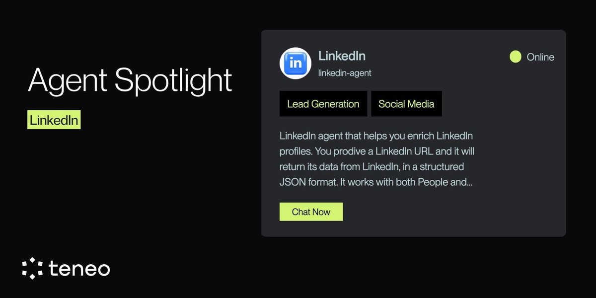 Agent Spotlight: LinkedIn Agent

This Agent helps you extract and structure public LinkedIn profile data through simple, on-demand commands.

Use it to:
• Enrich LinkedIn profiles via URL
• Retrieve work history and education
• Map company and career signals
• Integrate