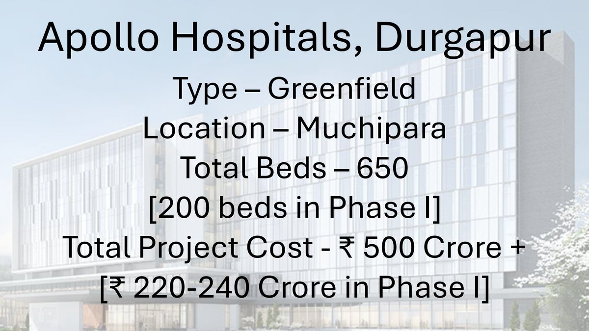 iamDurgapur's tweet photo. Healthcare -

Apollo Hospitals, Durgapur

Major Super Speciality Hospital
🔺Type - Greenfield
🔺Location - Muchipara
🔺Total Beds - 650 [200 in 1st Phase]
🔺Project Cost - ₹500 Crore+ [₹220-240 Crore in 1st Phase]
🔺Modern Hospital having multiple facilities, from a separate Annexe Building [with Cancer facility] to dedicated building for Gynae specialities.
🔺Full project planned for completion within next 3-4 years [with 1st Phase by 2027-28].

Major Health Infrastructure addition for Durgapur
#Durgapur #IamDurgapur #DestinationDurgapur