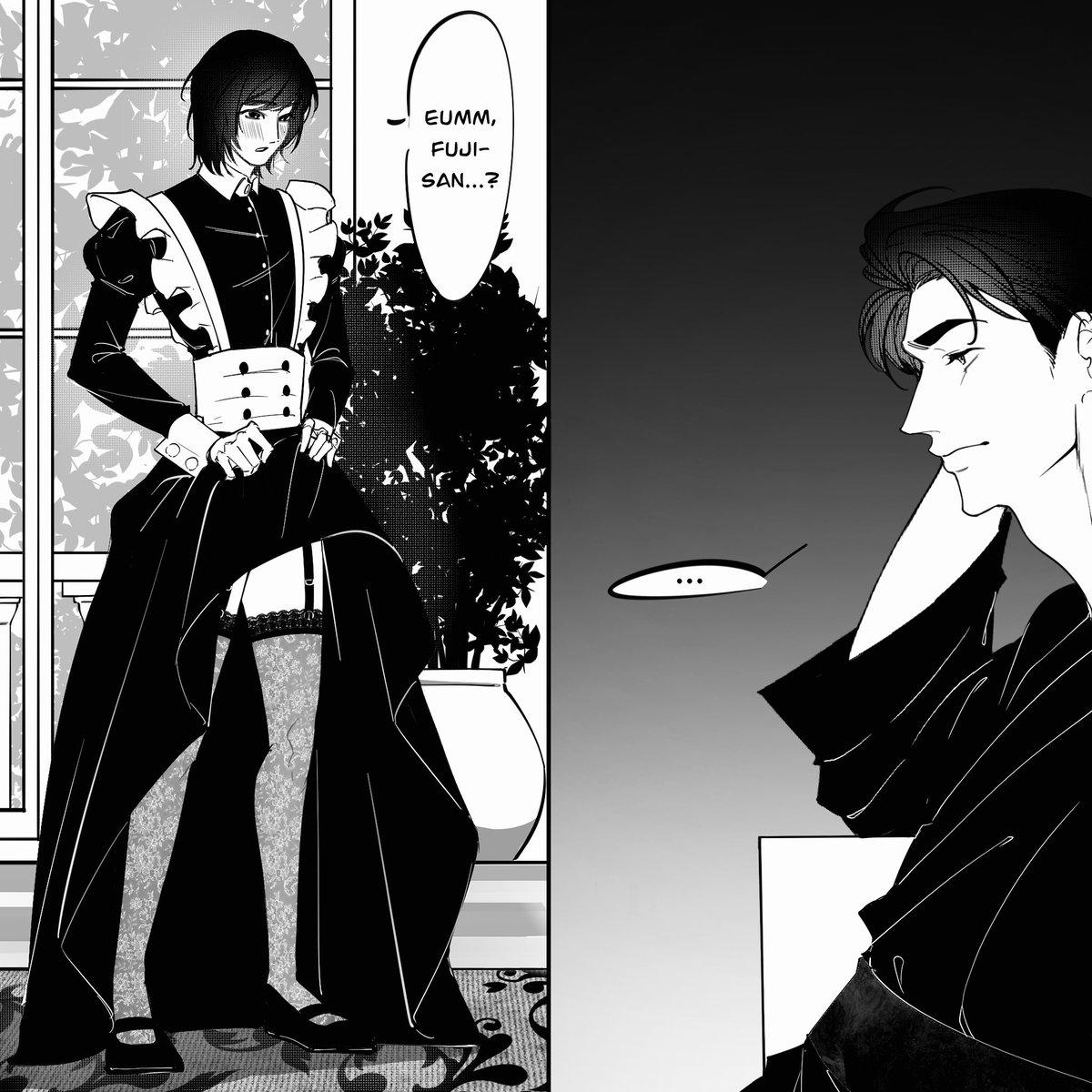 후지이신
Fujiwara ordered Shin to show his new lace stocking—a present he brought from overseas. Shin couldn’t help but obey him, lifting his skirt as high as possible, until he almost showed his lace underwear.