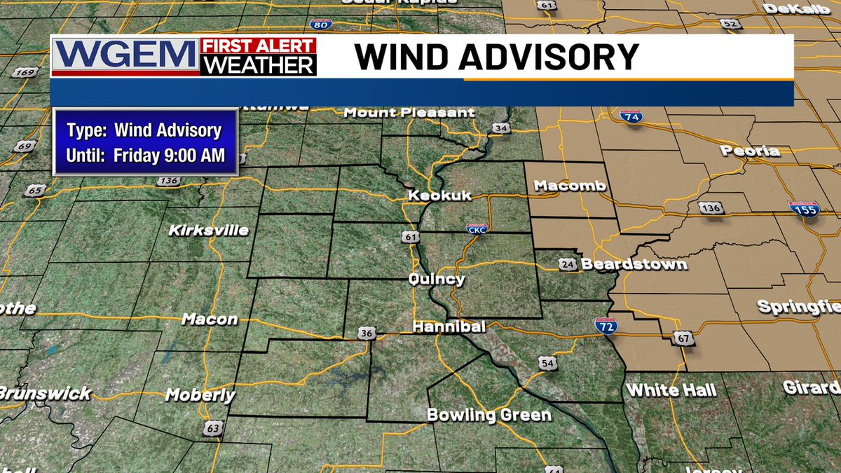 A Wind Advisory is in effect for McDonough, Schuyler and Scott Counties through 9am as wind gusts this morning may push near 45 mph. Breezy conditions are expected behind yesterday's cold front, so be sure to bundle up today! wgem.com/weather #wind #advisory #forecast