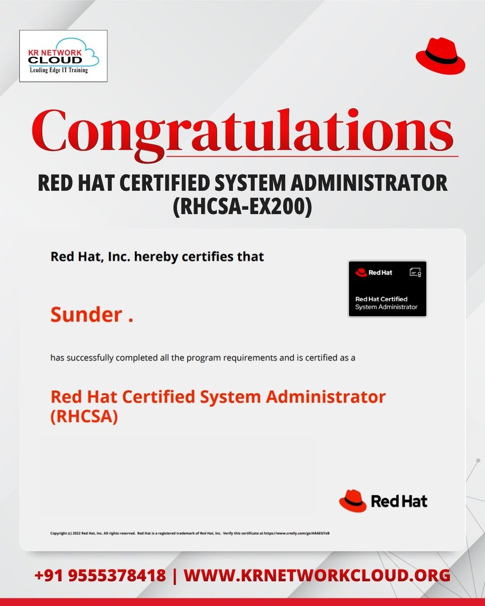 KRNetworkCloud1's tweet photo. Some achievements reflect consistency more than anything else.

For guidance on Red Hat or AWS certifications, feel free to connect.
📞 +919555378418
🌐 https://t.co/ZwzDYY2JVX

#rhcsa #rhce #ex200 #ex294 #awssaa #awscertified #redhat #awscloud #linuxadministrator #cloudarchitect https://t.co/pEy8o39vzT