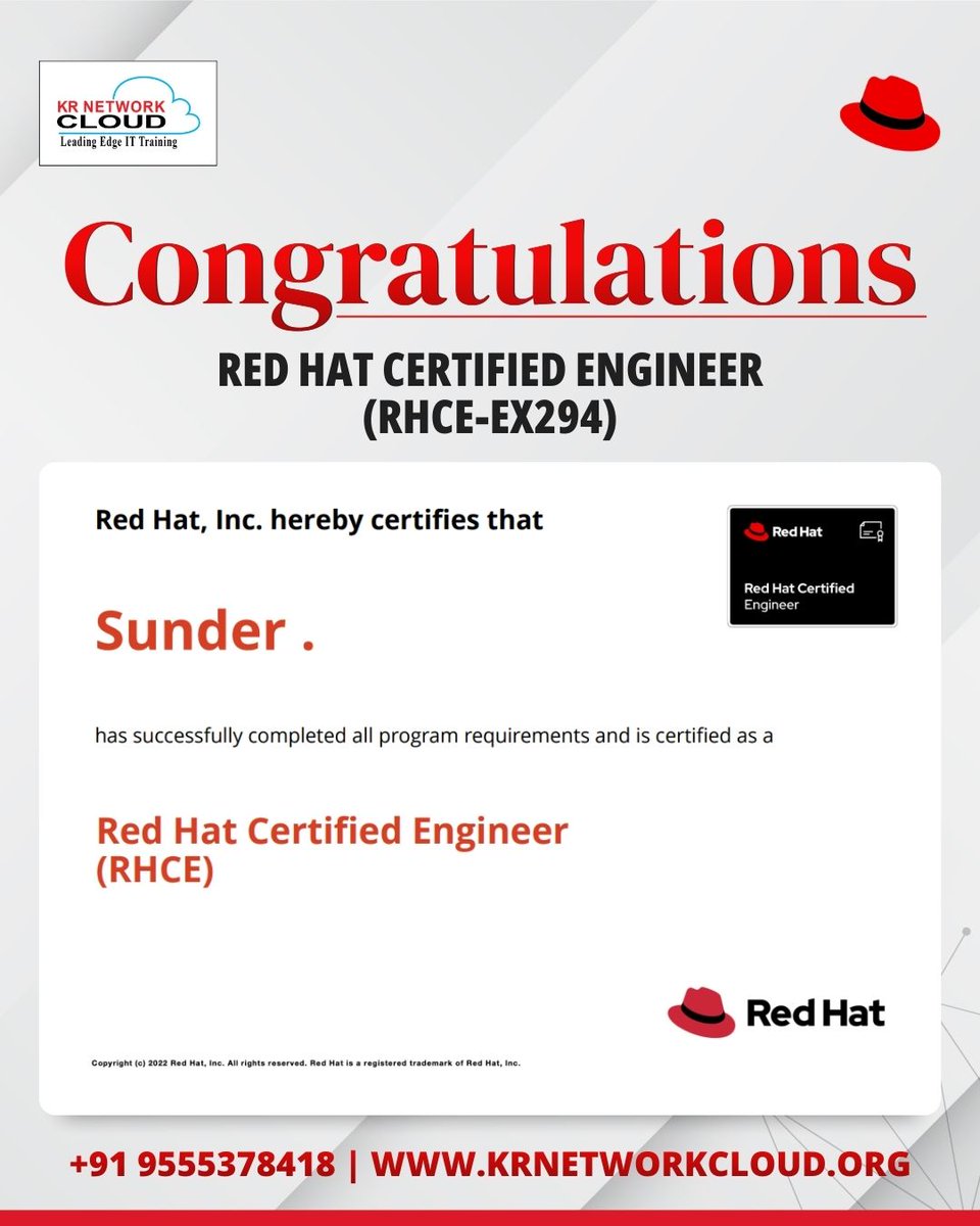 KRNetworkCloud1's tweet photo. Some achievements reflect consistency more than anything else.

For guidance on Red Hat or AWS certifications, feel free to connect.
📞 +919555378418
🌐 https://t.co/ZwzDYY2JVX

#rhcsa #rhce #ex200 #ex294 #awssaa #awscertified #redhat #awscloud #linuxadministrator #cloudarchitect https://t.co/pEy8o39vzT