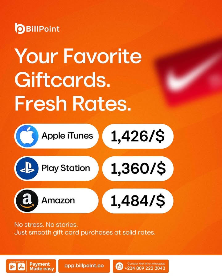 Billpointafrica's tweet image. Your favorite Gift cards. Fresh rates.

No stress. No stories. 
Just smooth gift card purchases at solid rates. 
#Giftcards #Explore #Explorepage