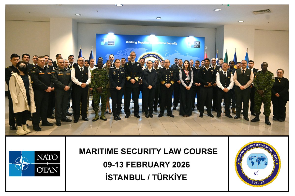 marseccoe's tweet photo. The Maritime Security Centre of Excellence successfully conducted the “Maritime Security Law Course” at the MARSEC COE-Istanbul premises from 09 to 13 February 2026, with 57 lecturers, subject matter experts, and attendees from 16 different countries participating in the event. https://t.co/6kVB3g7wyN