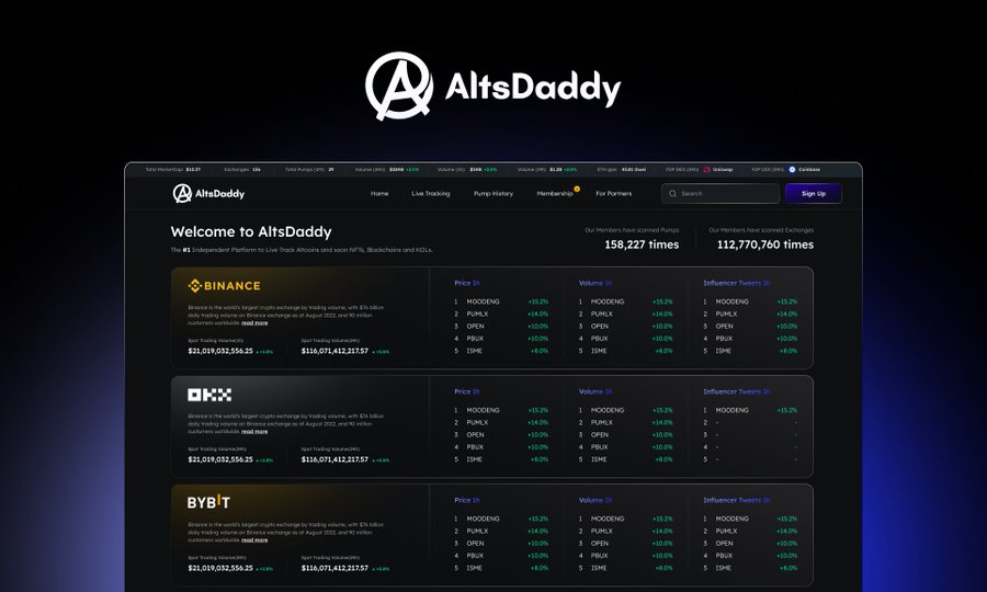 𝟱𝟬% 𝗢𝗙𝗙 𝗟𝗜𝗙𝗘𝗧𝗜𝗠𝗘 𝗠𝗘𝗠𝗕𝗘𝗥𝗦𝗛𝗜𝗣! 📊

👉 altsdaddy.com/diamond

USE CODE: 50%OFF

Join as a lifetime member and save 50%:

- Join the $DDY Airdrop
- Faster Tracking (15s Updates)
- All Tracking Timeframes
- Increased Watchlist Limit (21)
- Full Pump History