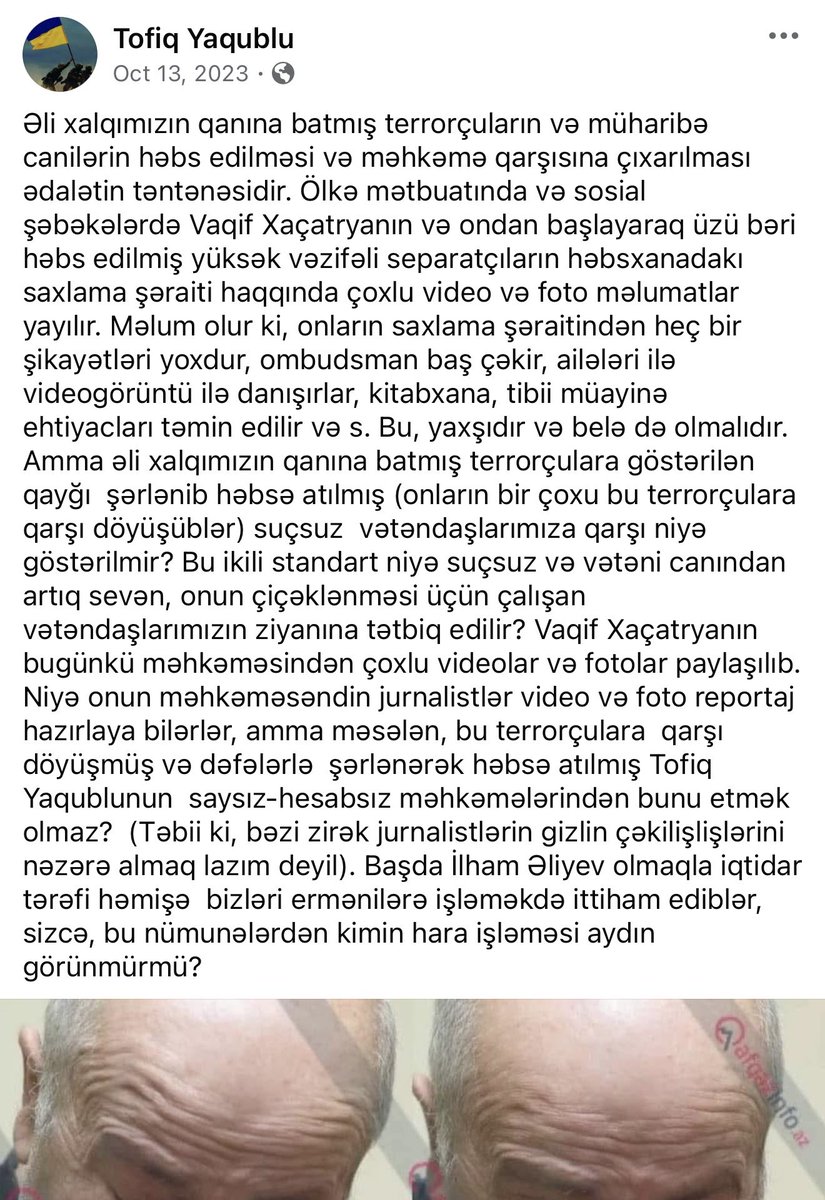 Yesterday in Washington, participants in the rally where protesters were beaten were demanding the release of Tofiq Yaqublu and Ali Karimli. One of those beaten was Yaqublu’s son.

But who is Tofiq Yaqublu?

1.He has referred to Artsakh leaders as “terrorists.”

2.Has supported